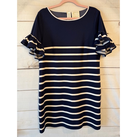 Sail to Sable Dresses & Skirts - Sail to Sable Navy White Striped Ruffle Sleeve Shift Dress Gold Zip Large